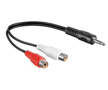 Adaptador de audio DINIC Conector estéreo de 3,5 mm a 2 conectores RCA, negro, caja DINIC con euroagujero, longitud 0,20 m